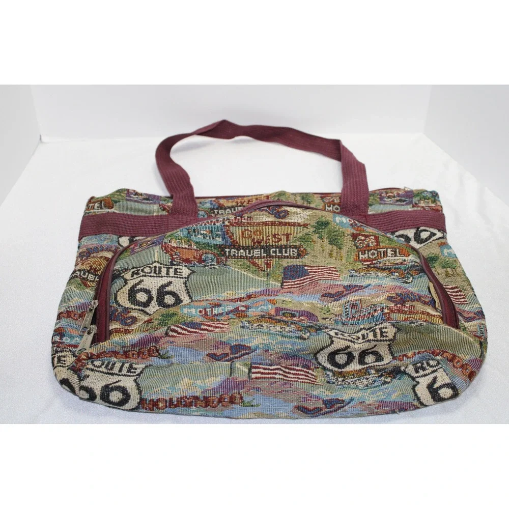Bovano USA Route 66 Woven Tapestry Tote Bag Americana Travel Shoulder Bag